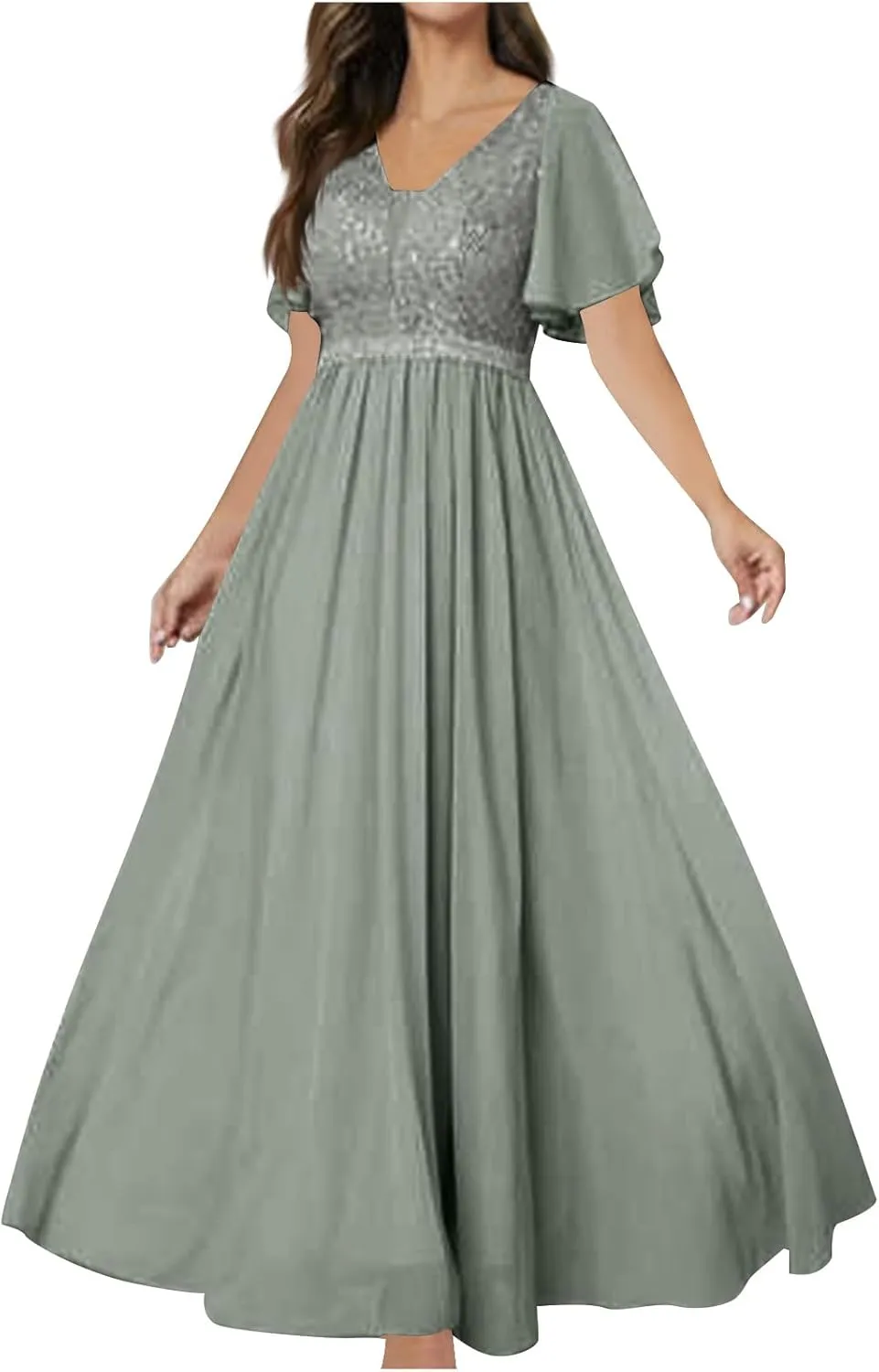 Women Sequins Mesh Formal Dress Pleated A-Line Evening Gown Short Sleeve V Neck Bridesmaids Empire Waist Swing Dress
