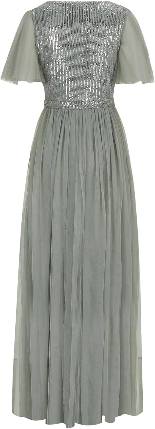 Women Sequins Mesh Formal Dress Pleated A-Line Evening Gown Short Sleeve V Neck Bridesmaids Empire Waist Swing Dress