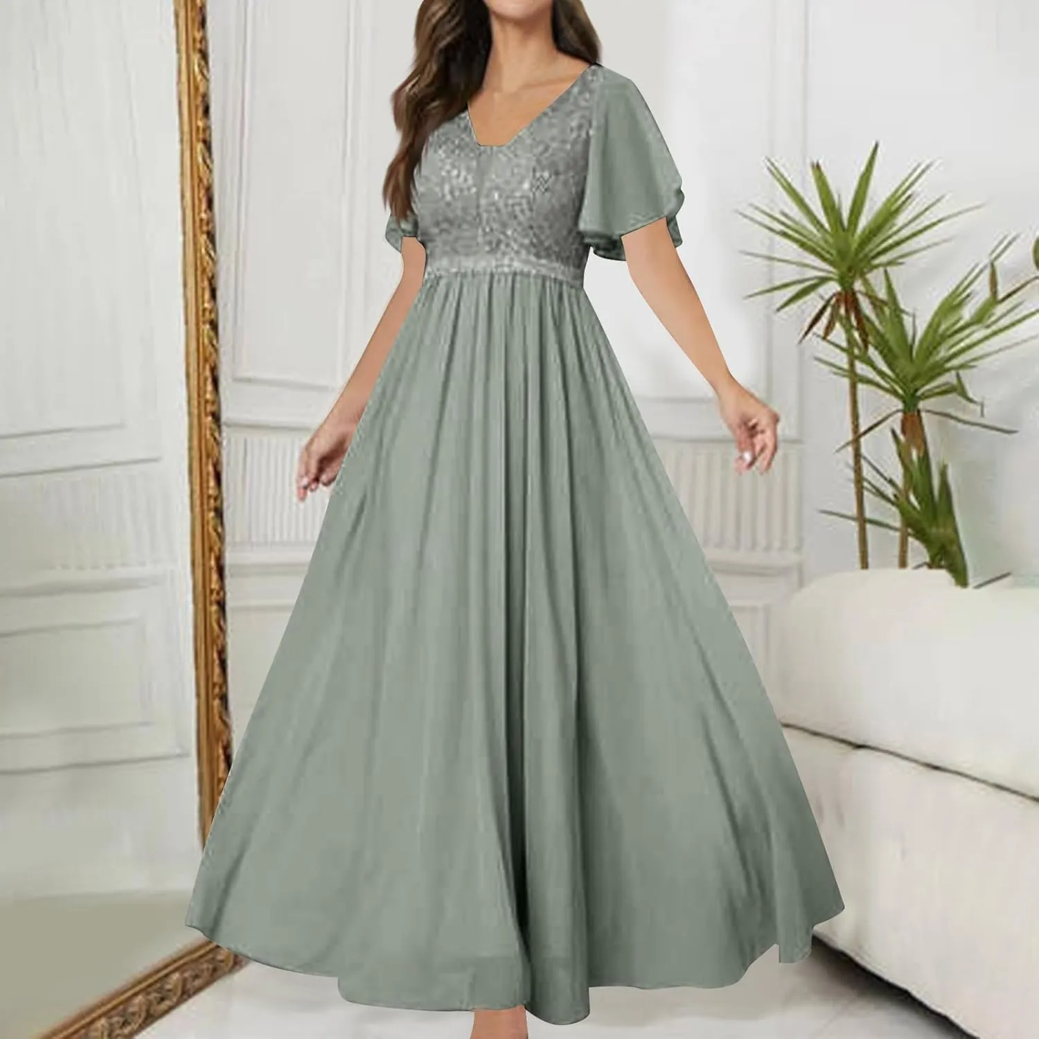 Women Sequins Mesh Formal Dress Pleated A-Line Evening Gown Short Sleeve V Neck Bridesmaids Empire Waist Swing Dress