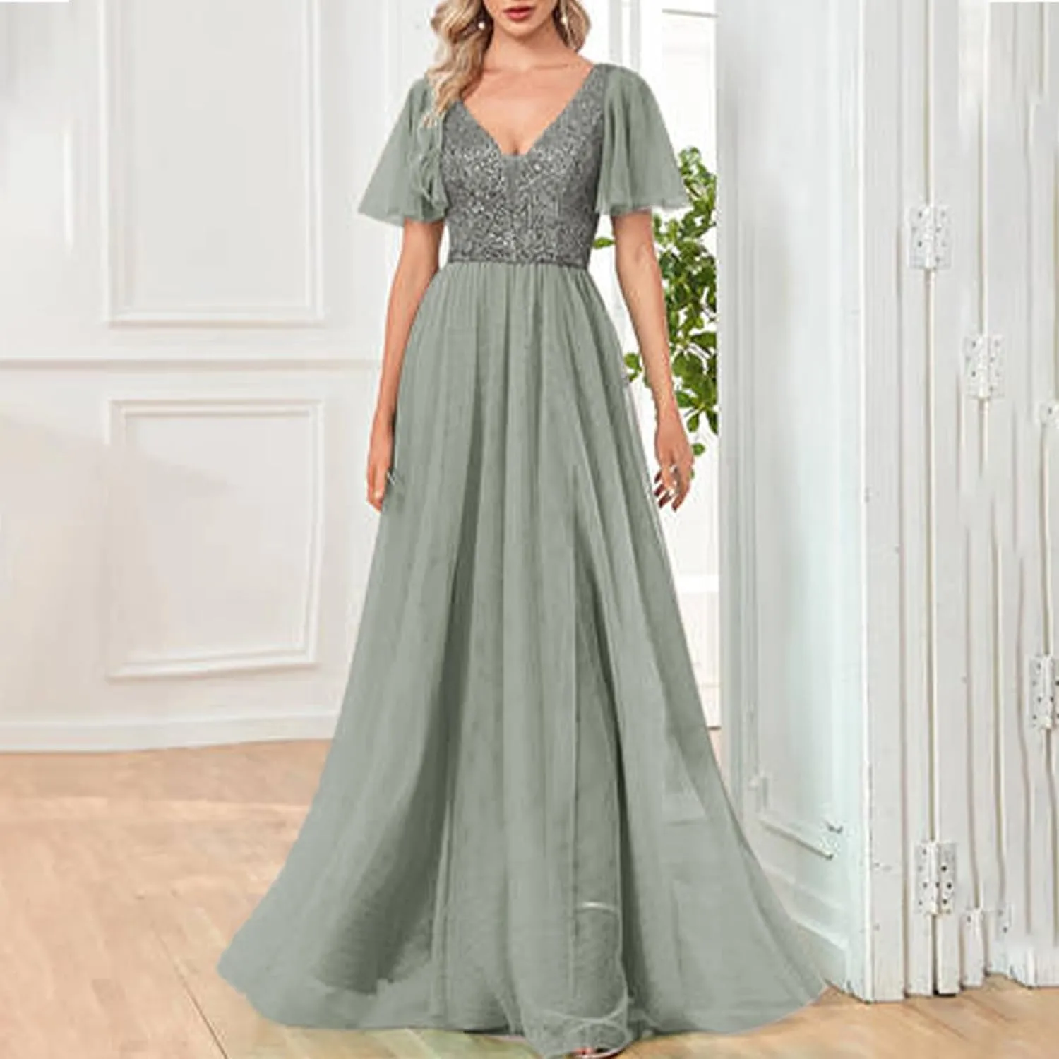 Women Sequins Mesh Formal Dress Pleated A-Line Evening Gown Short Sleeve V Neck Bridesmaids Empire Waist Swing Dress