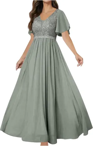 Women Sequins Mesh Formal Dress Pleated A-Line Evening Gown Short Sleeve V Neck Bridesmaids Empire Waist Swing Dress