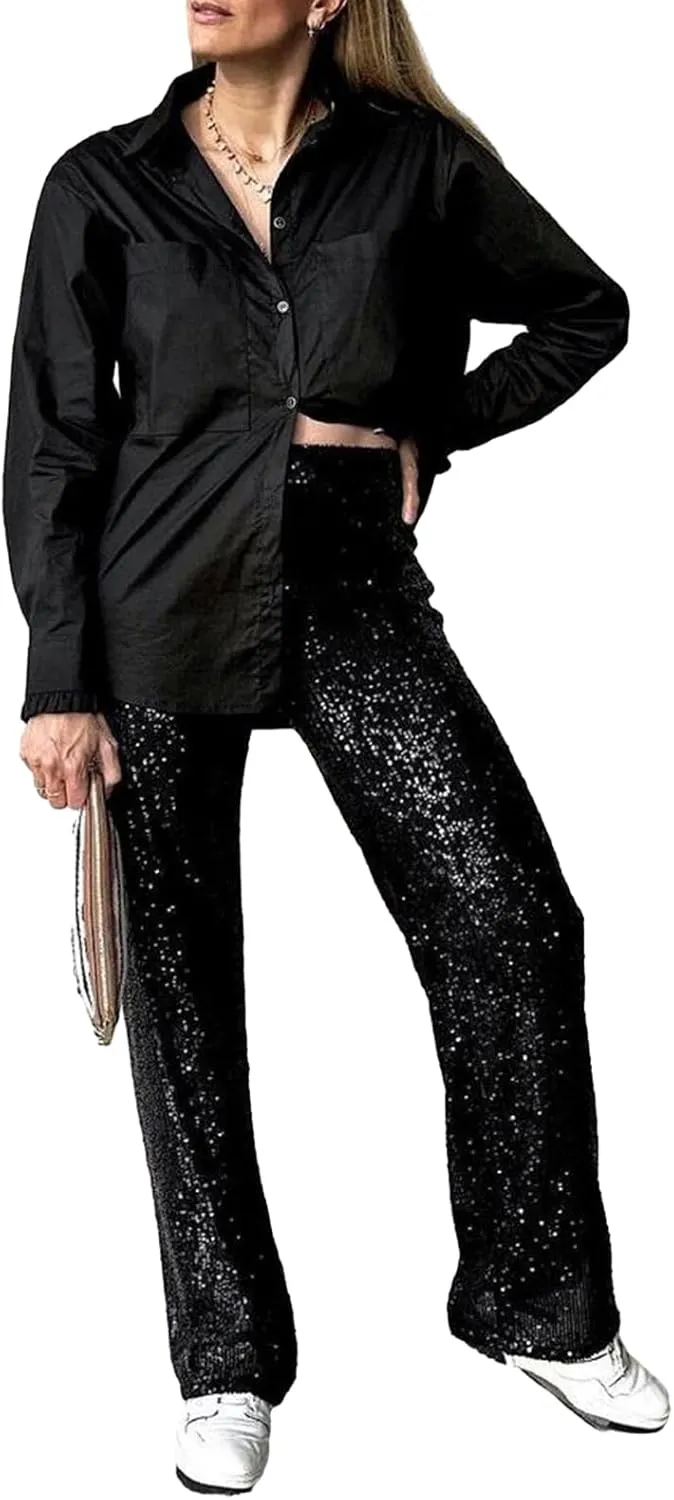 Women Sequins Trousers Wide Leg Shiny Loose Casual Elastic High Waist Glitter Hot Pants Concert Outfits