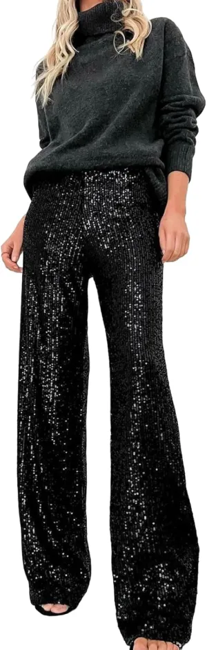 Women Sequins Trousers Wide Leg Shiny Loose Casual Elastic High Waist Glitter Hot Pants Concert Outfits
