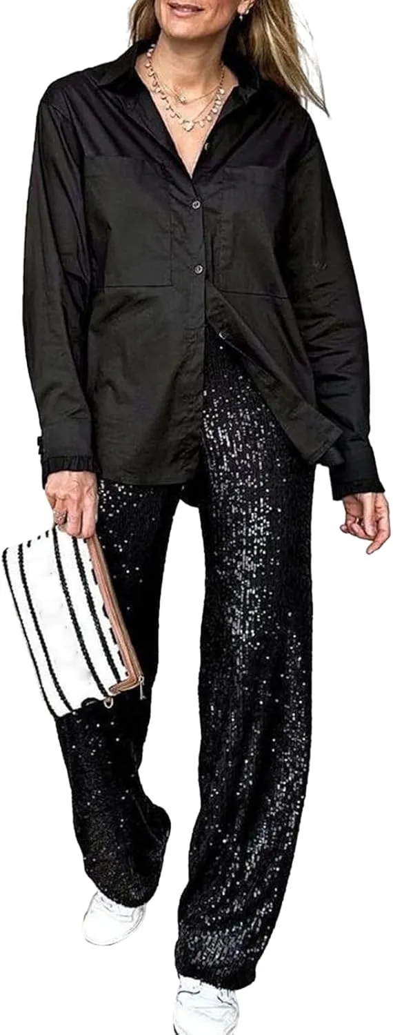 Women Sequins Trousers Wide Leg Shiny Loose Casual Elastic High Waist Glitter Hot Pants Concert Outfits