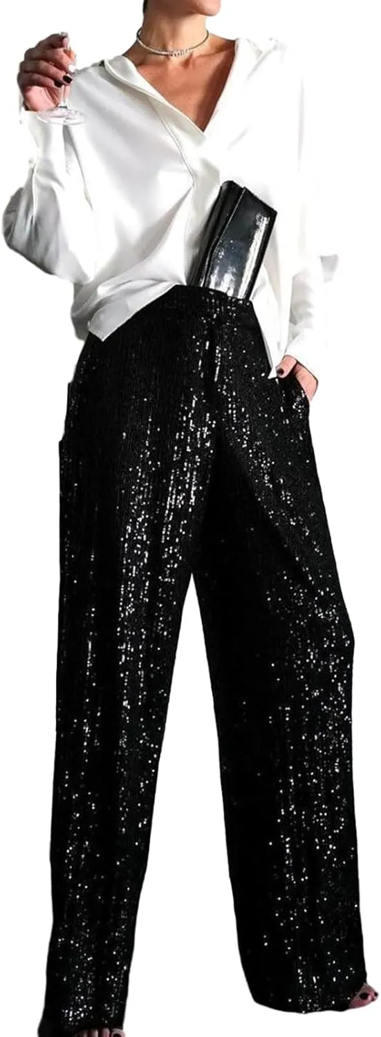 Women Sequins Trousers Wide Leg Shiny Loose Casual Elastic High Waist Glitter Hot Pants Concert Outfits