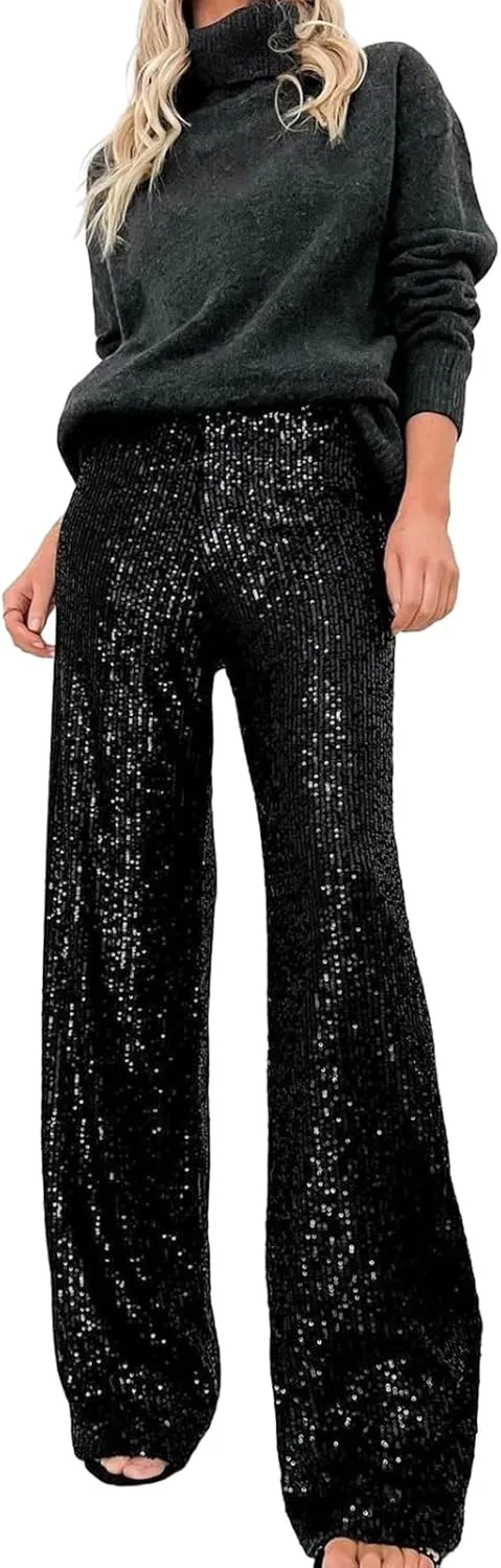 Women Sequins Trousers Wide Leg Shiny Loose Casual Elastic High Waist Glitter Hot Pants Concert Outfits