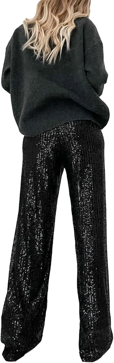 Women Sequins Trousers Wide Leg Shiny Loose Casual Elastic High Waist Glitter Hot Pants Concert Outfits