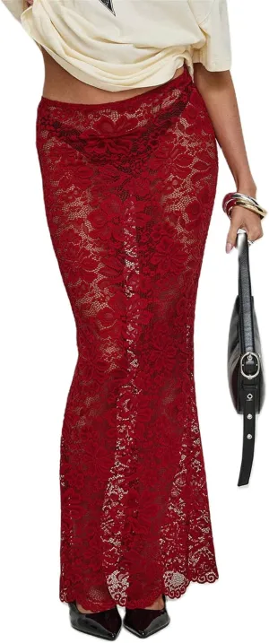 Women Sexy Lace Sheer Maxi Skirt Y2k Floral Lace Mesh Beach Cover-up Long Skirts Fairy Aesthetic Coquette Streetwear