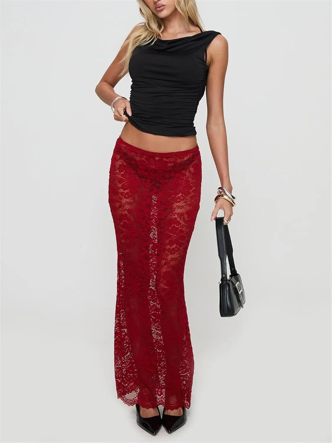 Women Sexy Lace Sheer Maxi Skirt Y2k Floral Lace Mesh Beach Cover-up Long Skirts Fairy Aesthetic Coquette Streetwear