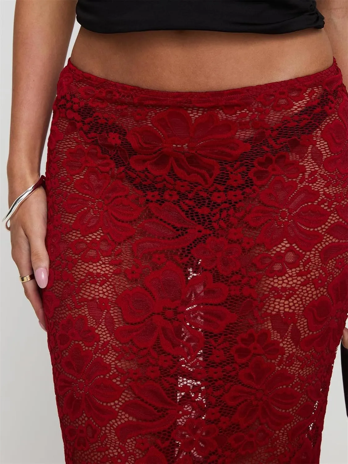 Women Sexy Lace Sheer Maxi Skirt Y2k Floral Lace Mesh Beach Cover-up Long Skirts Fairy Aesthetic Coquette Streetwear