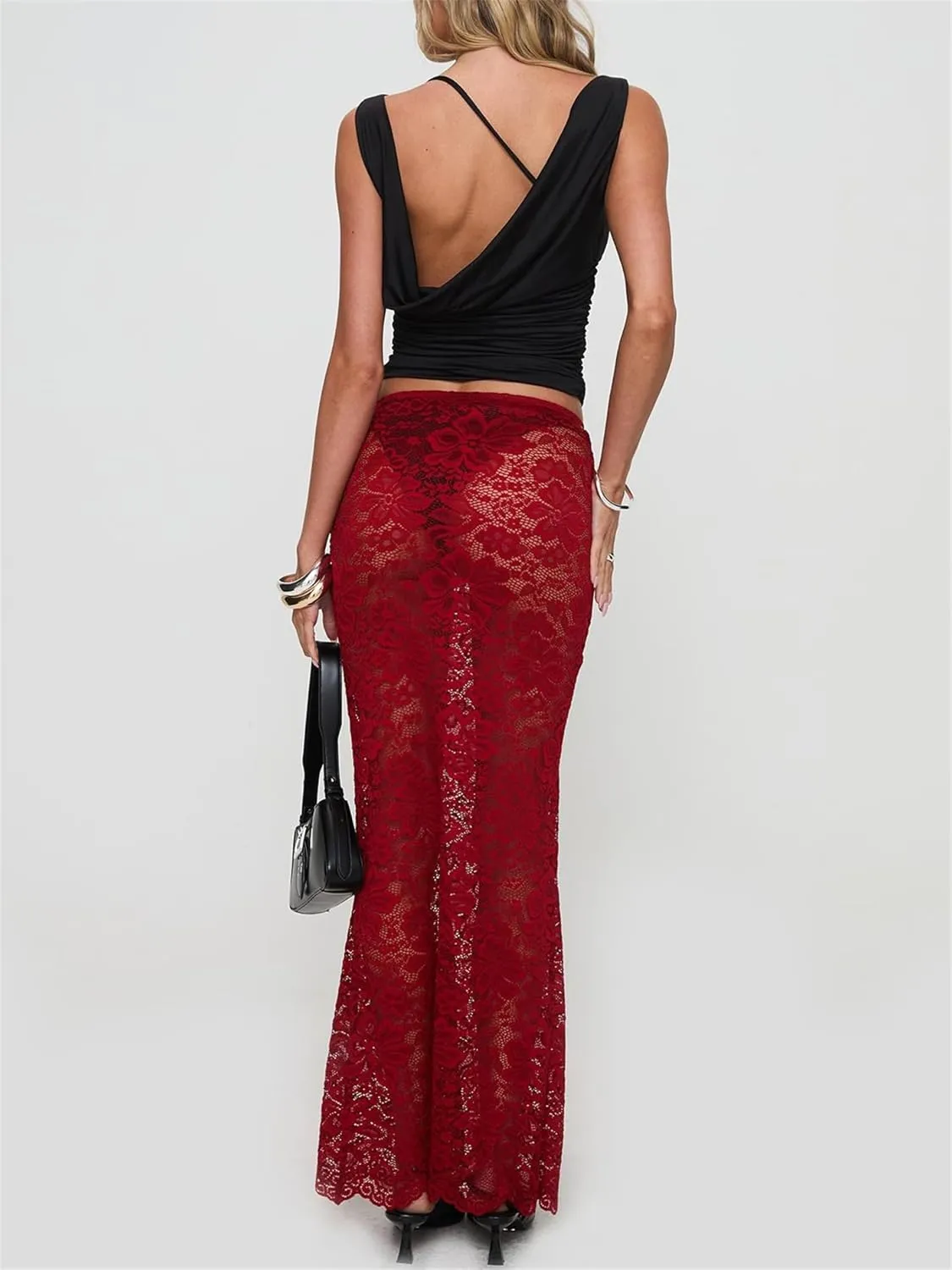 Women Sexy Lace Sheer Maxi Skirt Y2k Floral Lace Mesh Beach Cover-up Long Skirts Fairy Aesthetic Coquette Streetwear