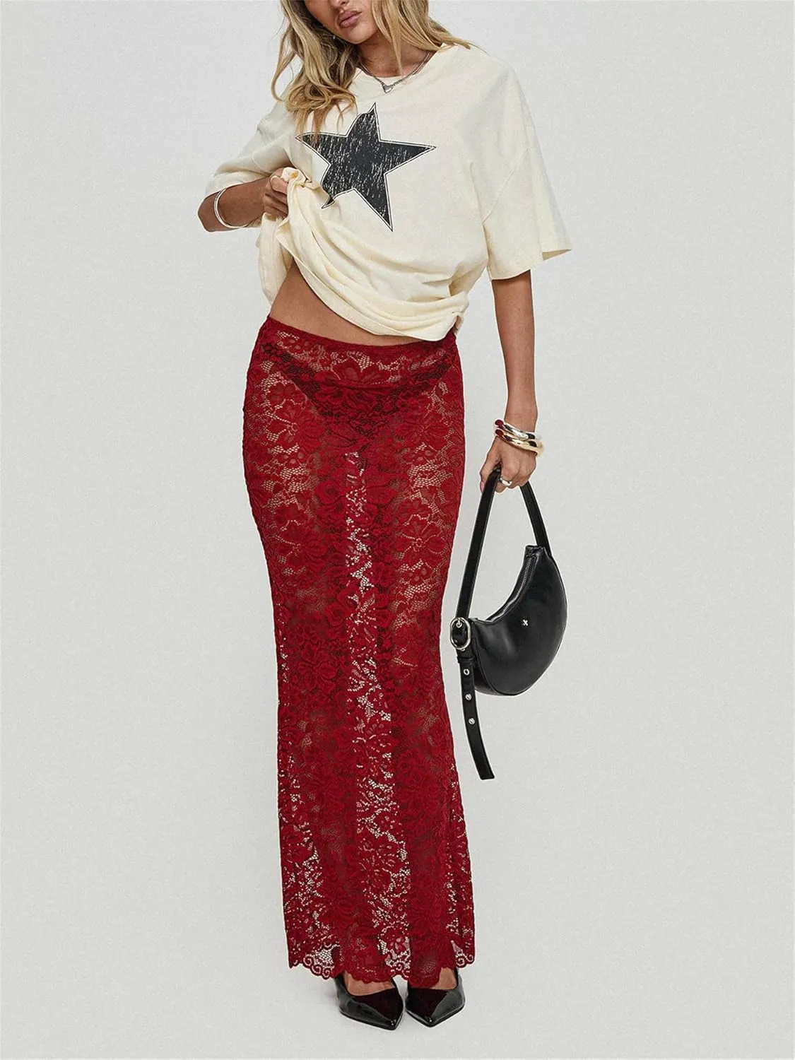 Women Sexy Lace Sheer Maxi Skirt Y2k Floral Lace Mesh Beach Cover-up Long Skirts Fairy Aesthetic Coquette Streetwear