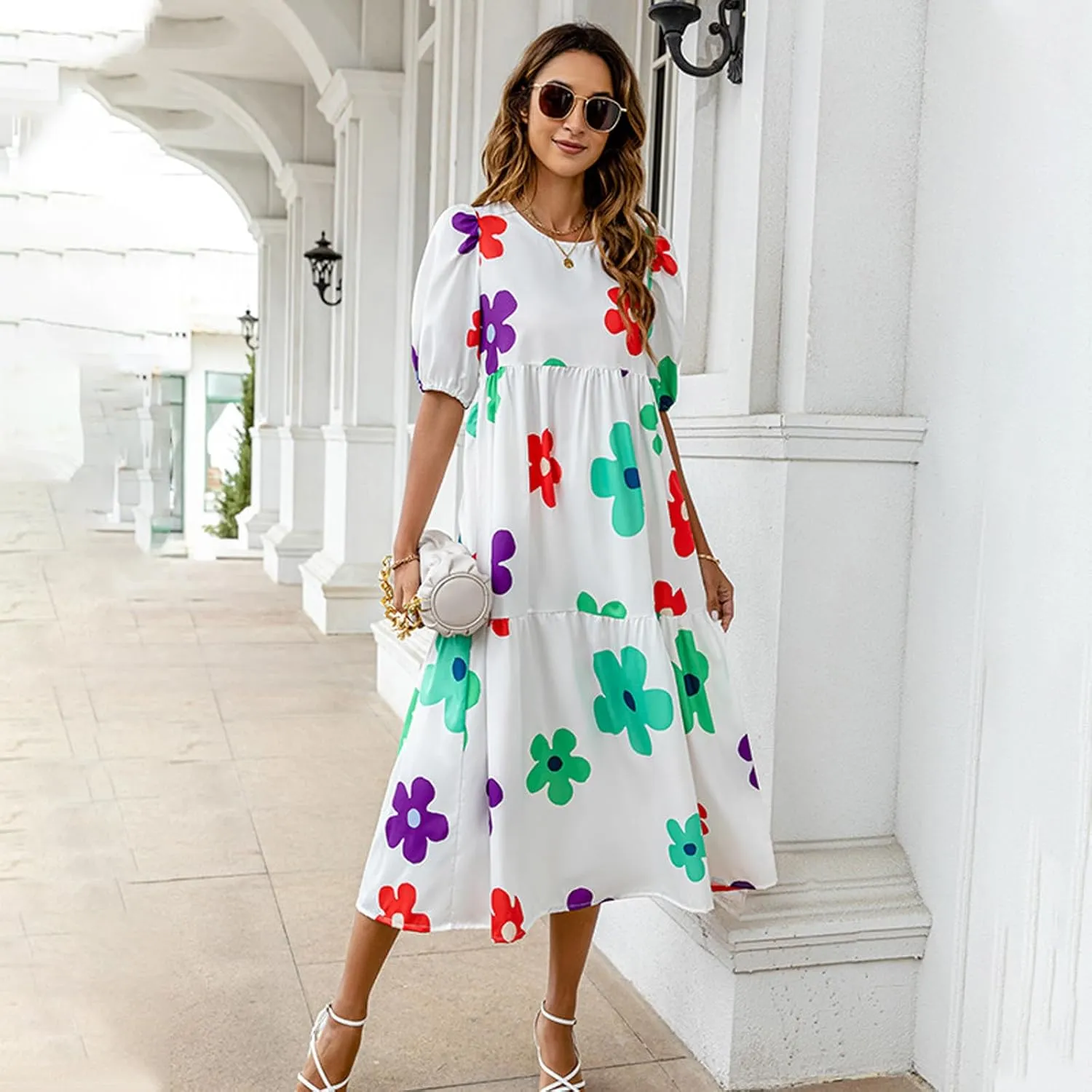 Women Summer Casual Floral Midi Dress Puff Short Sleeve Tiered Swing Ruffle Flowy A-Line Dresses for Vacation