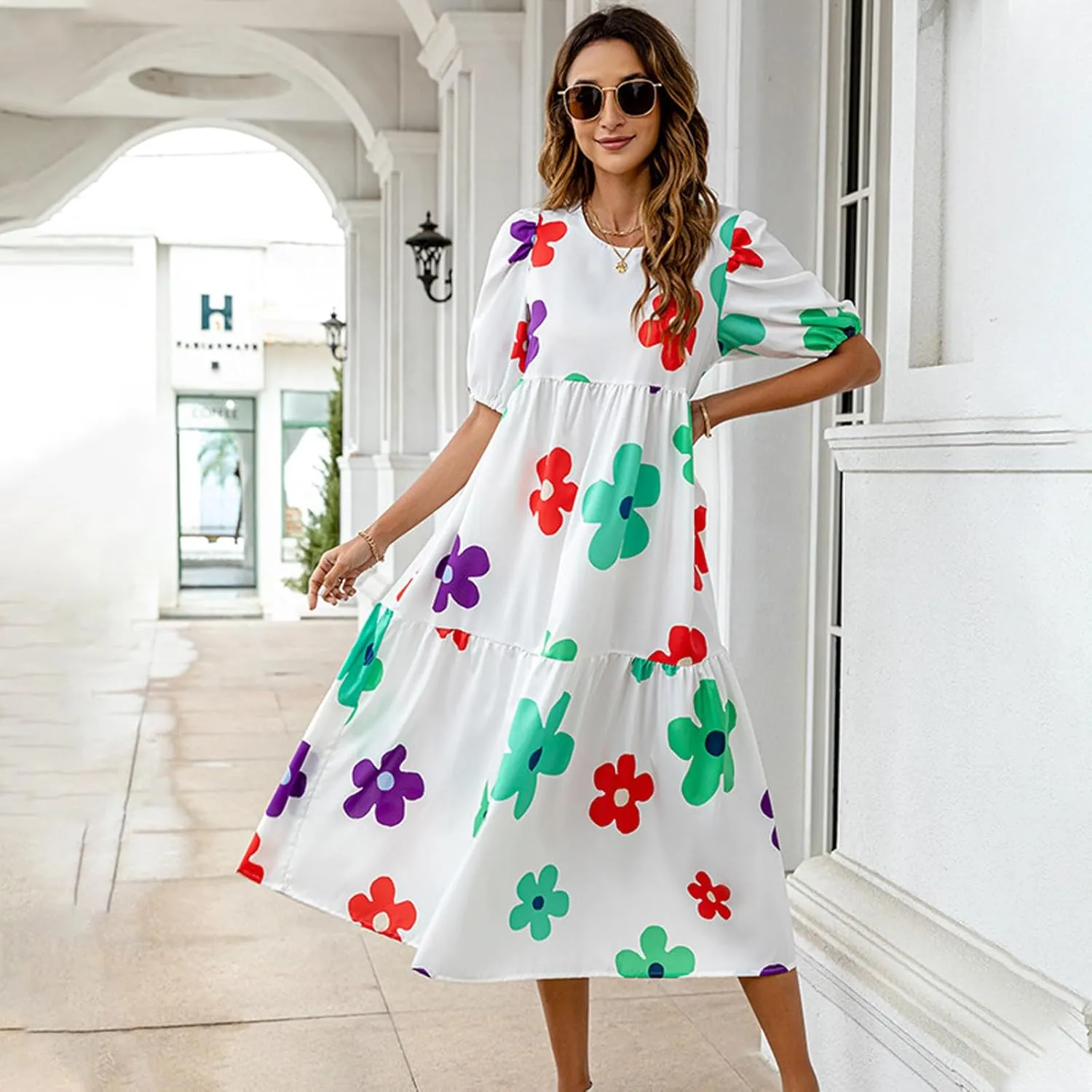 Women Summer Casual Floral Midi Dress Puff Short Sleeve Tiered Swing Ruffle Flowy A-Line Dresses for Vacation