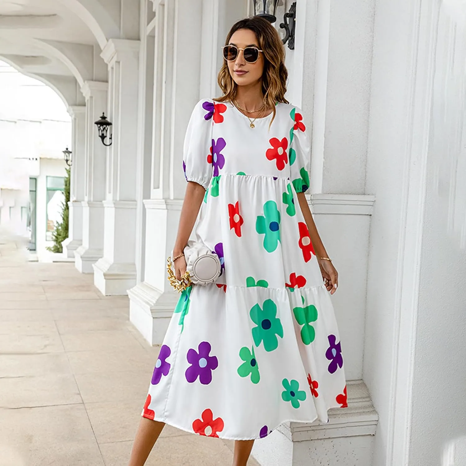 Women Summer Casual Floral Midi Dress Puff Short Sleeve Tiered Swing Ruffle Flowy A-Line Dresses for Vacation
