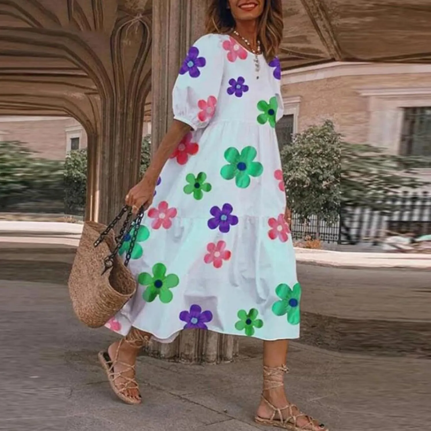 Women Summer Casual Floral Midi Dress Puff Short Sleeve Tiered Swing Ruffle Flowy A-Line Dresses for Vacation
