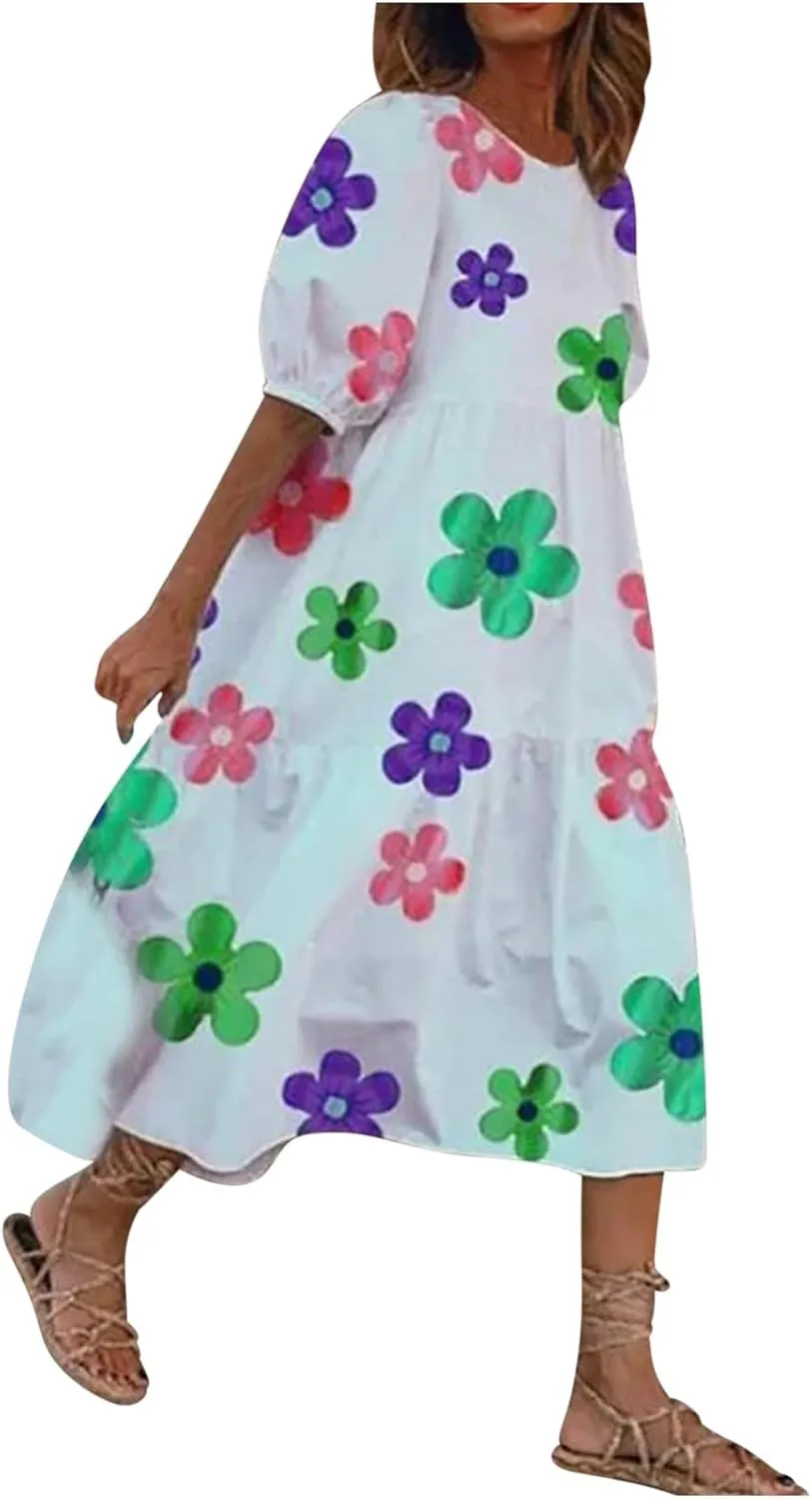 Women Summer Casual Floral Midi Dress Puff Short Sleeve Tiered Swing Ruffle Flowy A-Line Dresses for Vacation