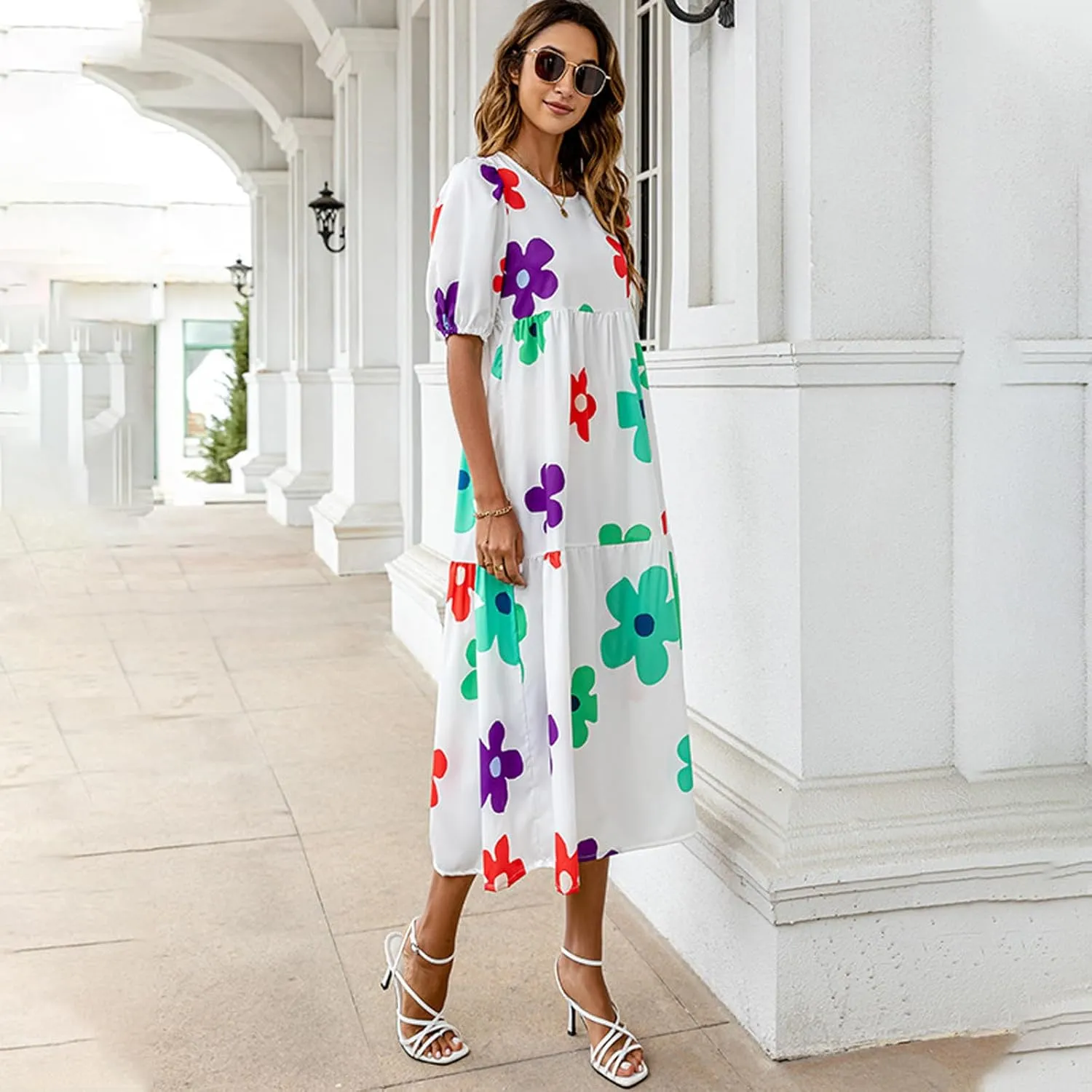 Women Summer Casual Floral Midi Dress Puff Short Sleeve Tiered Swing Ruffle Flowy A-Line Dresses for Vacation