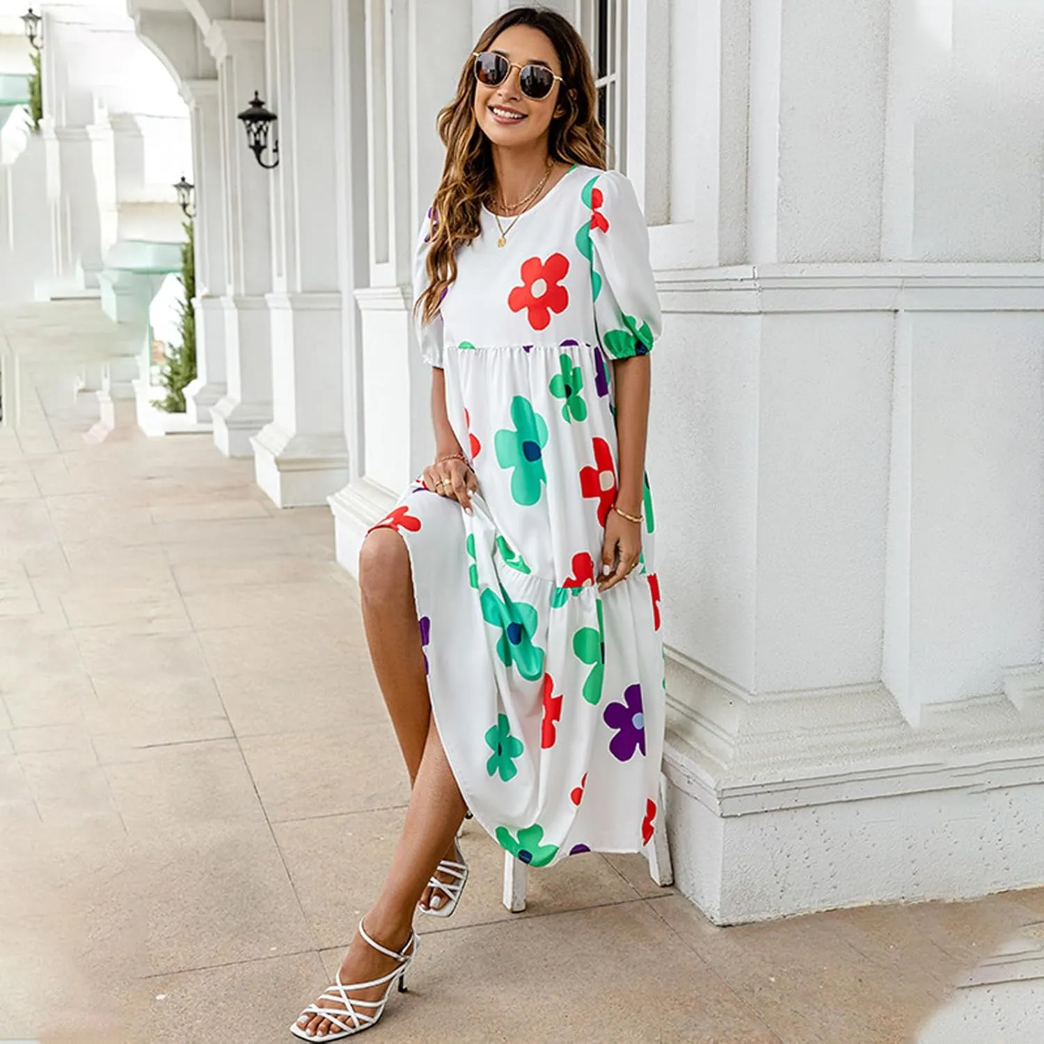 Women Summer Casual Floral Midi Dress Puff Short Sleeve Tiered Swing Ruffle Flowy A-Line Dresses for Vacation