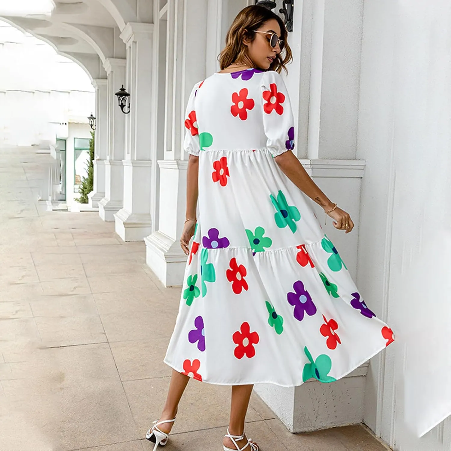 Women Summer Casual Floral Midi Dress Puff Short Sleeve Tiered Swing Ruffle Flowy A-Line Dresses for Vacation