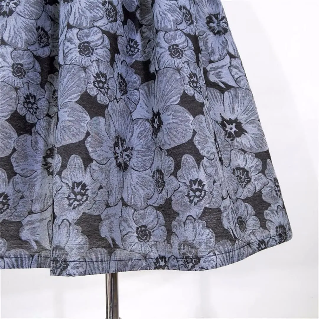 Women Vintage Elegant Black Gray Floral Embroidery High Waist Long Pleated Midi Skirt
