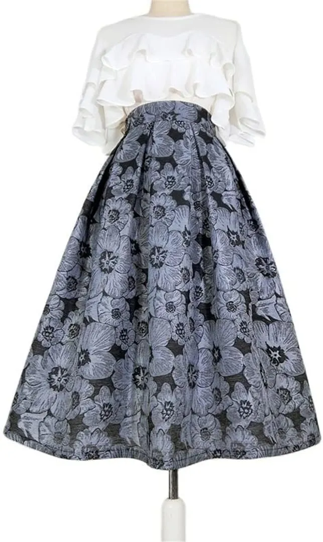 Women Vintage Elegant Black Gray Floral Embroidery High Waist Long Pleated Midi Skirt