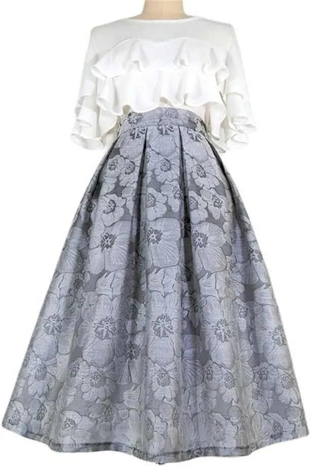 Women Vintage Elegant Black Gray Floral Embroidery High Waist Long Pleated Midi Skirt