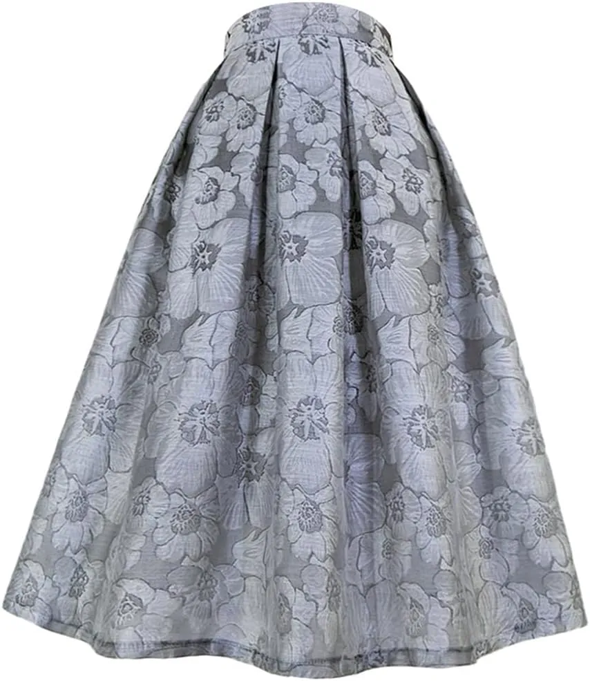 Women Vintage Elegant Black Gray Floral Embroidery High Waist Long Pleated Midi Skirt