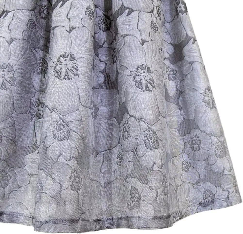 Women Vintage Elegant Black Gray Floral Embroidery High Waist Long Pleated Midi Skirt