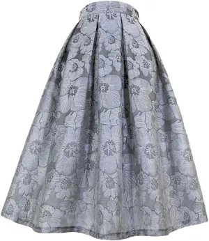 Women Vintage Elegant Black Gray Floral Embroidery High Waist Long Pleated Midi Skirt