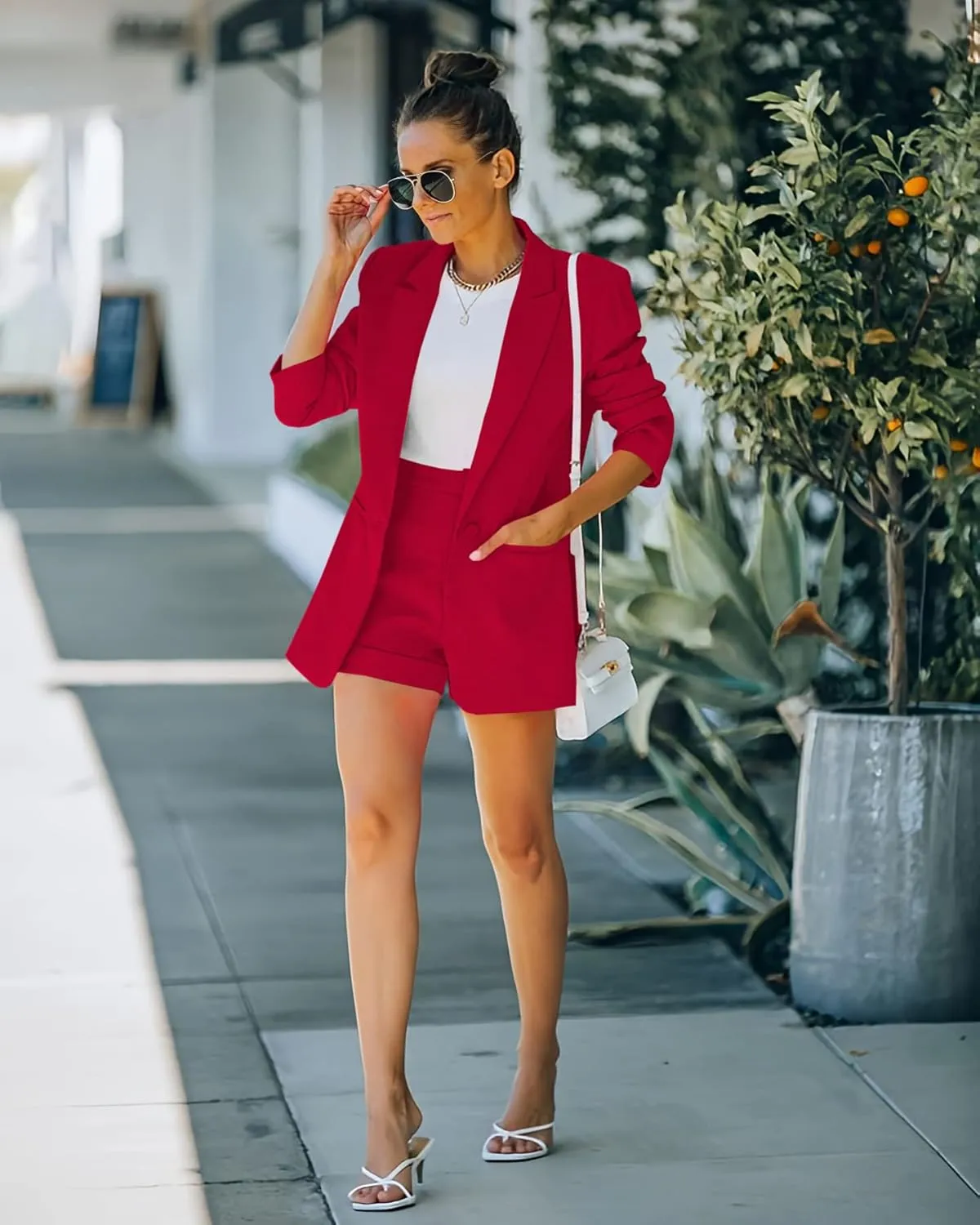 Women's 2 Piece Open Front Long Sleeve Blazer and Solid Short Pants Suit Sets