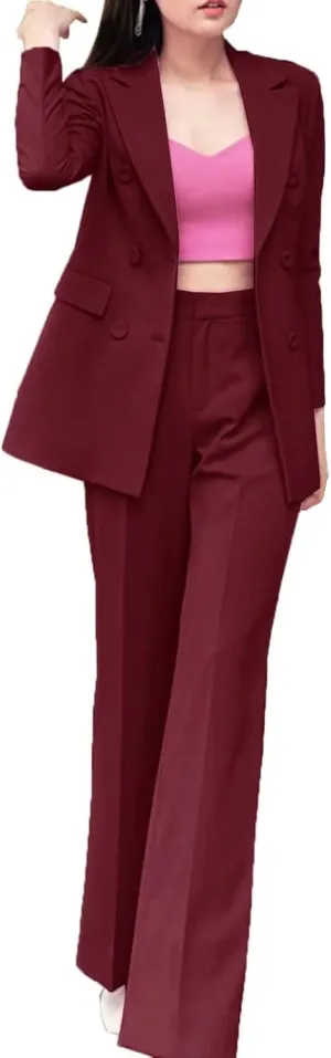 Women's 2 Pieces Office Suit Set Double Breasted Long Sleeve Blazer Jacket and Pants