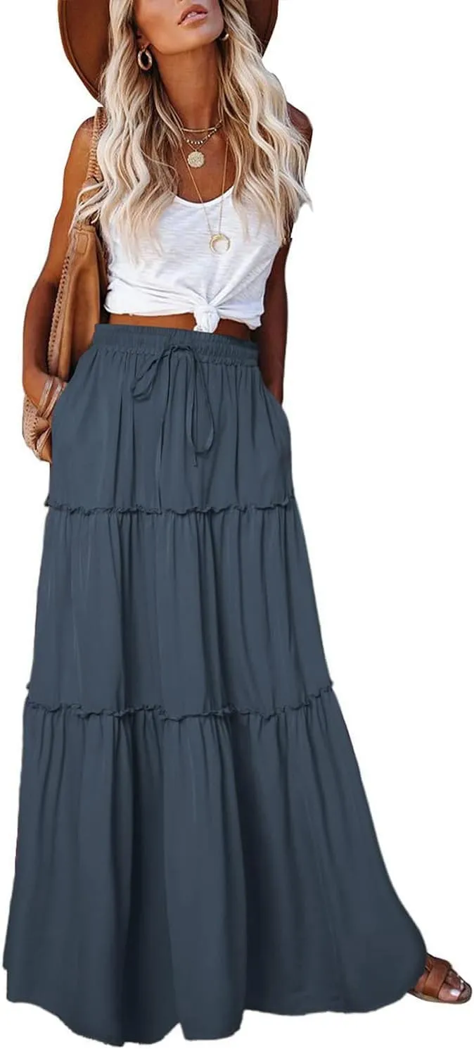 Women's 2024 Summer Skirt High Waist Flowy A Line Boho Skirt Maxi Skirt with Pockets