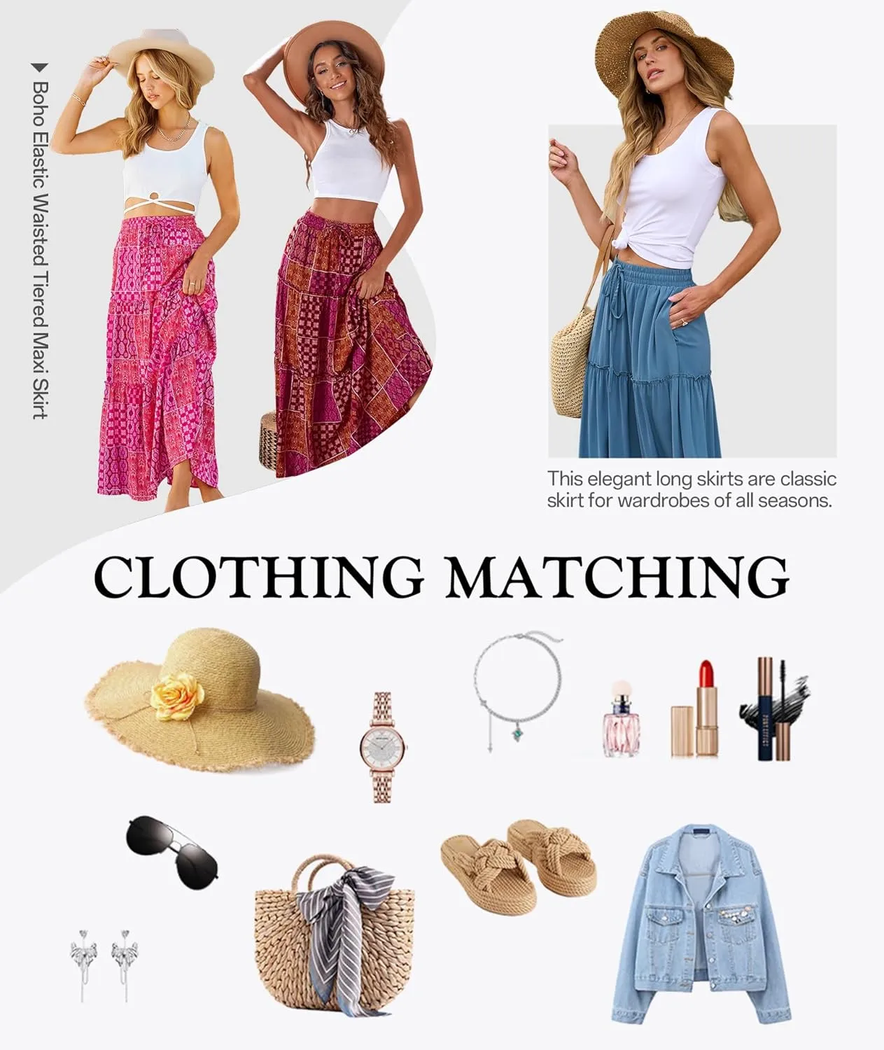 Women's 2024 Summer Skirt High Waist Flowy A Line Boho Skirt Maxi Skirt with Pockets