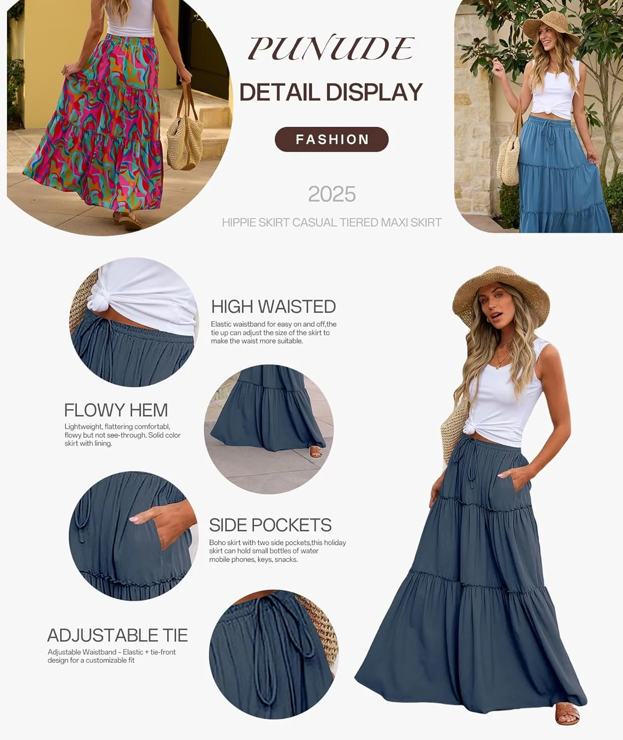 Women's 2024 Summer Skirt High Waist Flowy A Line Boho Skirt Maxi Skirt with Pockets