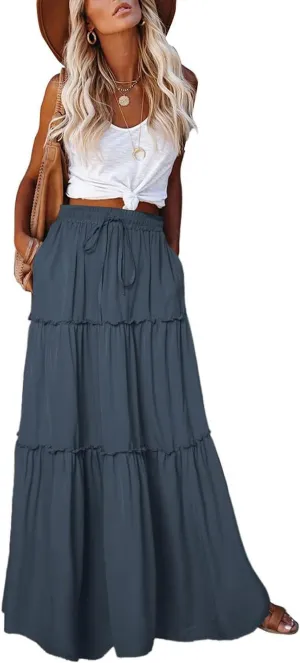 Women's 2024 Summer Skirt High Waist Flowy A Line Boho Skirt Maxi Skirt with Pockets