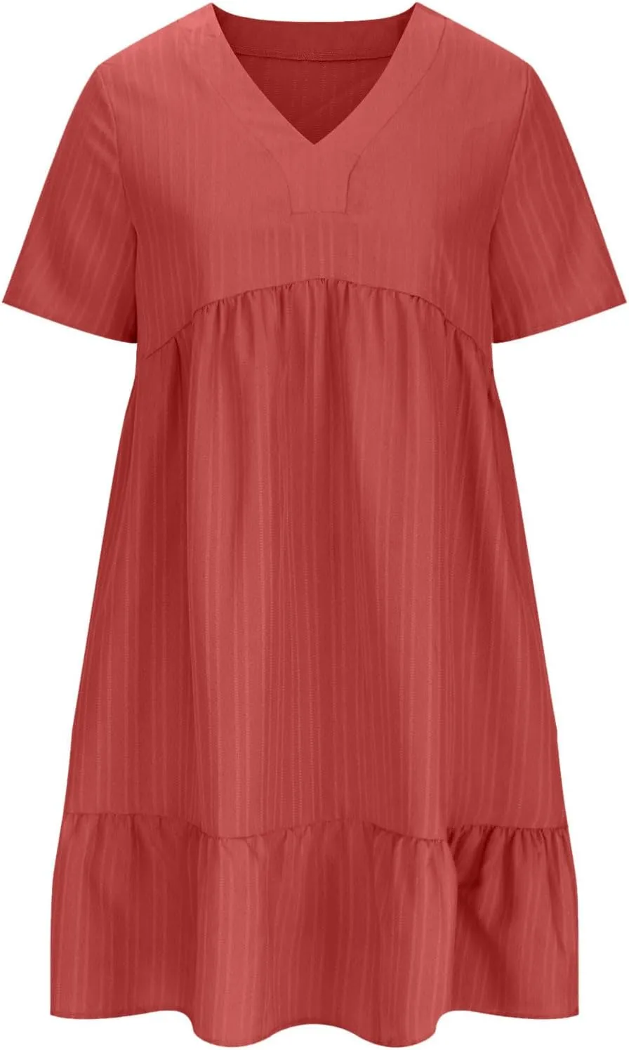 Women's 2025 Summer Short Sleeve Mini Dress Textured Fashion Beach Boho Dress V Neck Casual Ruffle Hem Swing Dress