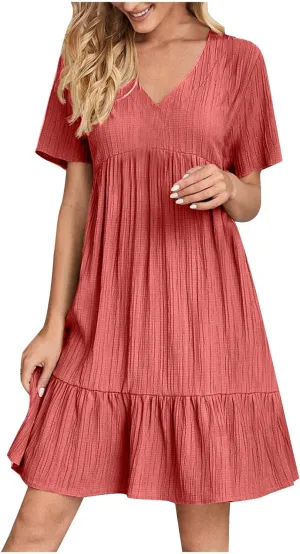 Women's 2025 Summer Short Sleeve Mini Dress Textured Fashion Beach Boho Dress V Neck Casual Ruffle Hem Swing Dress