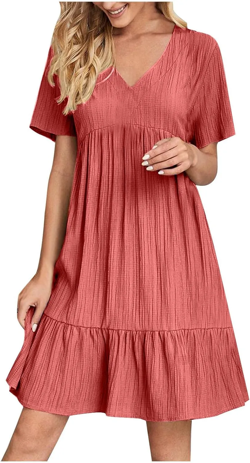 Women's 2025 Summer Short Sleeve Mini Dress Textured Fashion Beach Boho Dress V Neck Casual Ruffle Hem Swing Dress