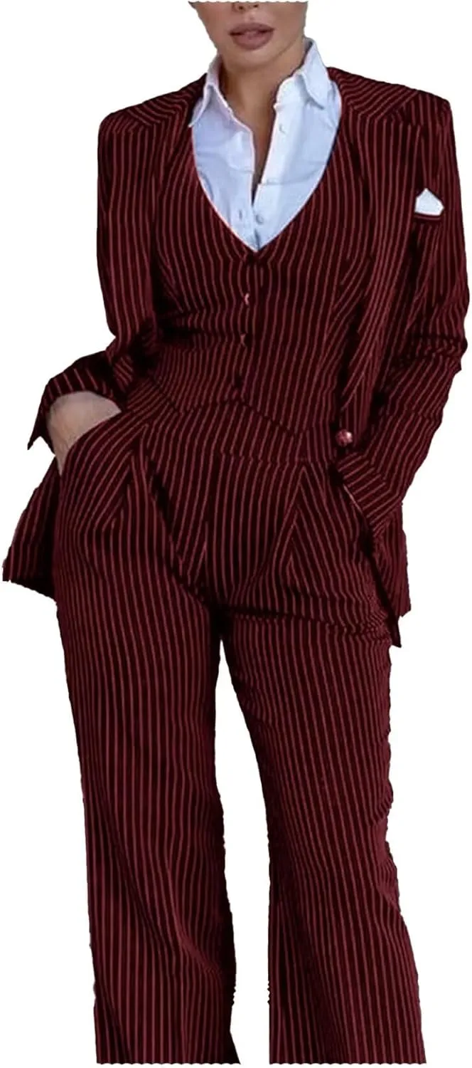 Women's 3 Piece Stripes Suit Set Slim Fit Blazer Jacket Vest Pant Business Outfits