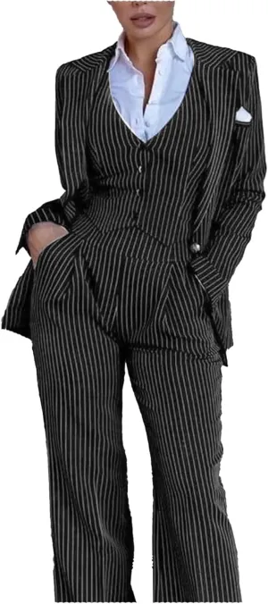 Women's 3 Piece Stripes Suit Set Slim Fit Blazer Jacket Vest Pant Business Outfits