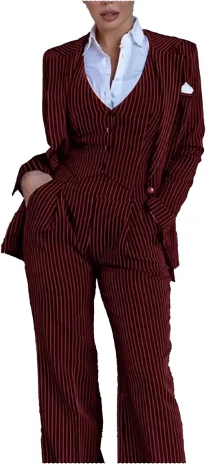 Women's 3 Piece Stripes Suit Set Slim Fit Blazer Jacket Vest Pant Business Outfits