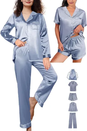 Womens 5Pcs Silk Pajamas Set XS-2XL Satin Pajama Sets Silky Sleepwear Pjs Loungewear Button Down Pj Nightwear