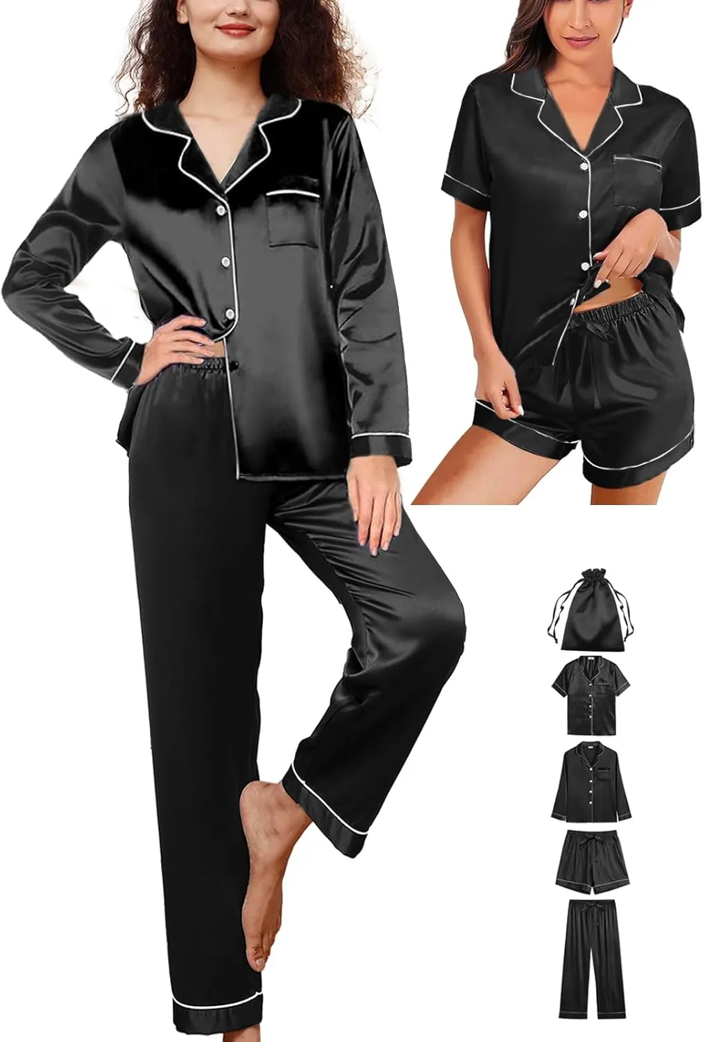 Womens 5Pcs Silk Pajamas Set XS-2XL Satin Pajama Sets Silky Sleepwear Pjs Loungewear Button Down Pj Nightwear