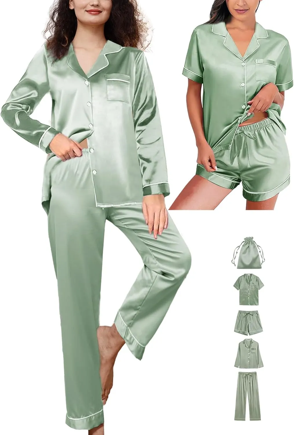 Womens 5Pcs Silk Pajamas Set XS-2XL Satin Pajama Sets Silky Sleepwear Pjs Loungewear Button Down Pj Nightwear