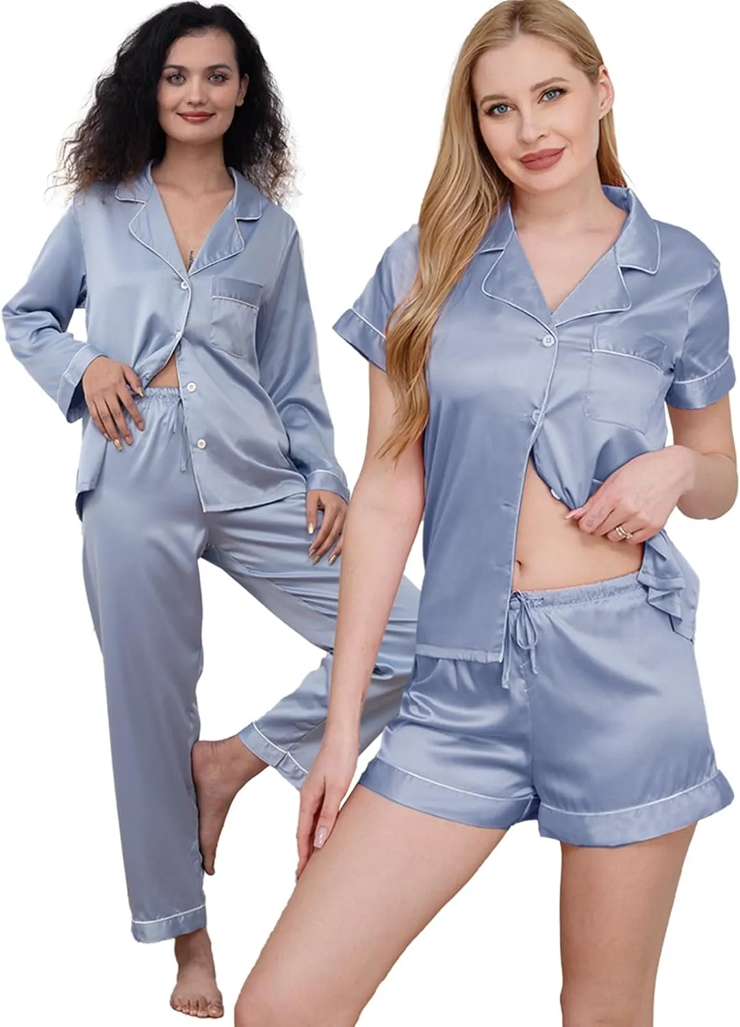 Womens 5Pcs Silk Pajamas Set XS-2XL Satin Pajama Sets Silky Sleepwear Pjs Loungewear Button Down Pj Nightwear