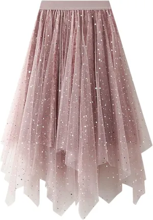 Women's A Line Casual Skirt Elastic Waistband High Waist Pleated Cheer Midi Skirts Irregular Beach Skirts for