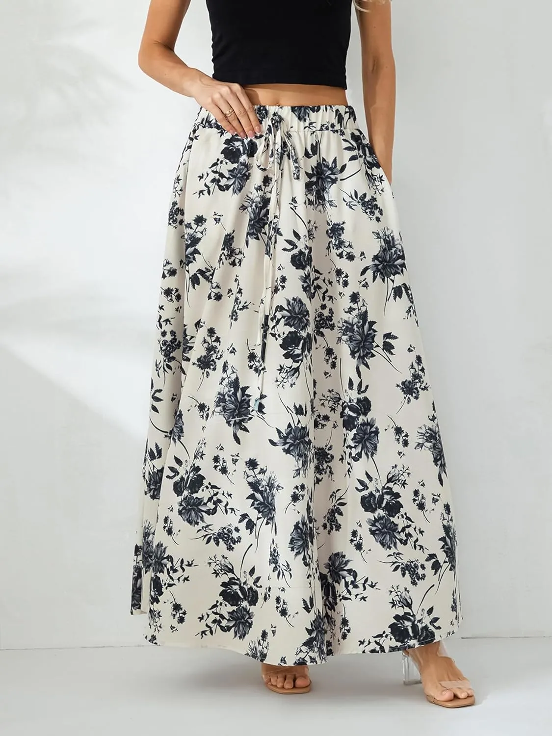 Women's Boho Flowy Maxi Skirt Summer Pleated High Waisted Casual Long Skirts with Pockets