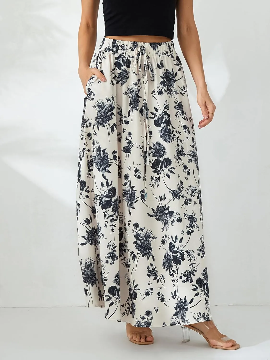 Women's Boho Flowy Maxi Skirt Summer Pleated High Waisted Casual Long Skirts with Pockets