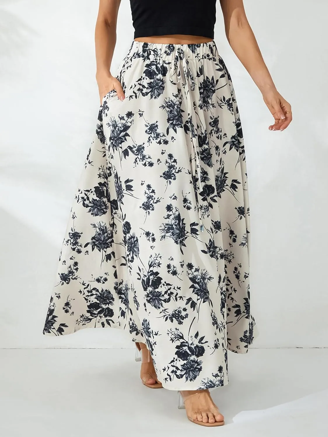 Women's Boho Flowy Maxi Skirt Summer Pleated High Waisted Casual Long Skirts with Pockets